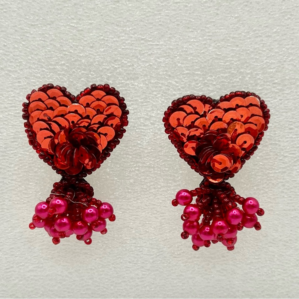 Red heart sequins and beads vintage post earrings